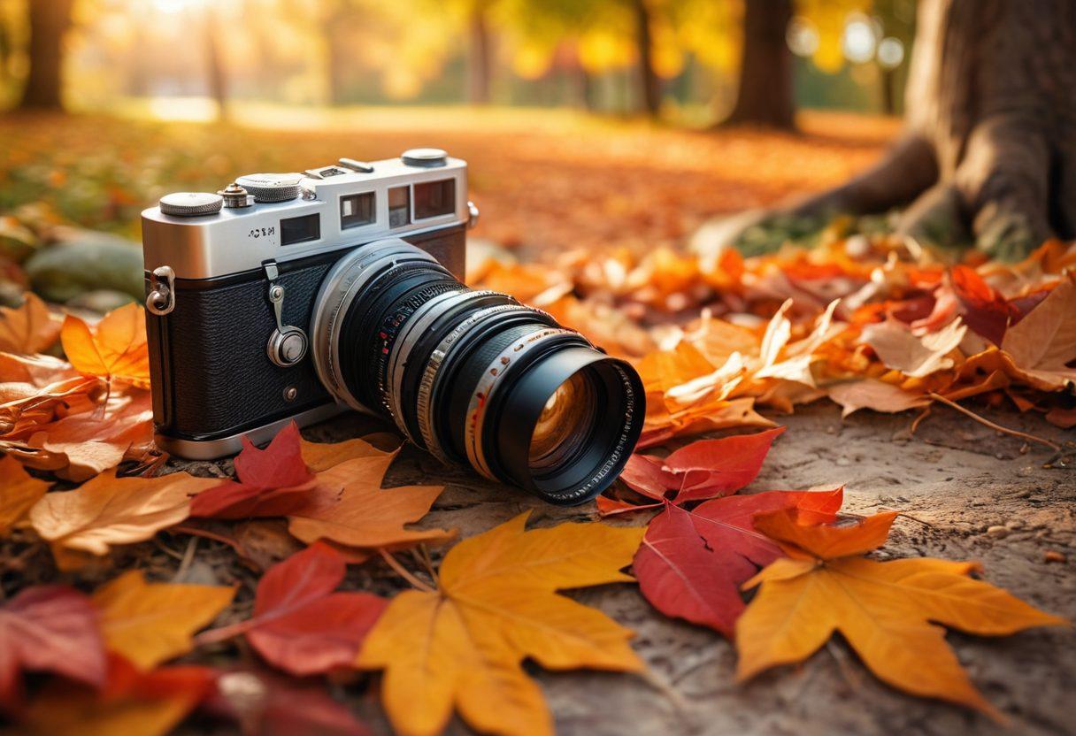 A romantic outdoor scene featuring a couple embracing in a golden hour glow, candid and joyful expressions captured. Surrounding them, vivid autumn leaves create a warm atmosphere, with a blurred background of soft green trees. Include photography equipment like a vintage camera and a lens lying nearby, symbolizing mastery of the craft. The scene should evoke love, warmth, and the artistry of capturing moments. super-realistic. vibrant colors. 3D.