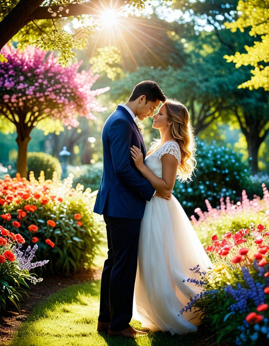 A romantic scene capturing a couple sharing a tender moment in a sunlit park, surrounded by blooming flowers, while a photographer skillfully captures their love story through the lens. The soft focus on their expressions conveys deep emotion, and light flares create an enchanting atmosphere. Include scattered petals and a faint, dreamy background to evoke a fairytale ambiance. vibrant colors. super-realistic.