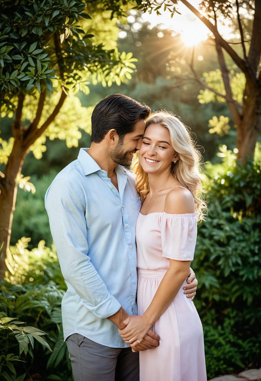 A picturesque outdoor setting featuring a couple embraced in a loving pose, surrounded by lush greenery and soft, golden sunlight. Nearby, a joyful family poses for a portrait, embodying warmth and togetherness, with candid laughter captured in their expressions. The scene should radiate romance and joy, emphasizing the emotive power of photography. soft focus. pastel colors. warm lighting.